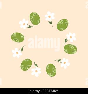 Green Easter eggs with swirl pattern arranged in a daisy wreath. Cute hand drawn spring composition. Perfect for greeting cards, nursery decor and Stock Vector