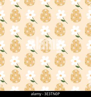 Seamless pattern with beige Easter egg and tiny floral print. Cute pastel hand drawn spring repeat background. Perfect for fabric, wrapping paper and Stock Vector