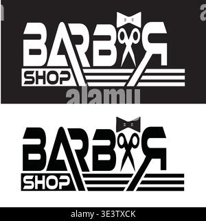 Modern barber shop logo vector design featuring creative typography with integrated scissors and bow tie icons in a bold black and white monochrome Stock Vector