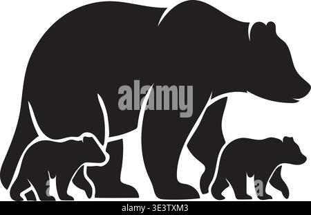 A black silhouette of a mother bear standing with her two small bear cubs, depicting a family of bears in a simple graphic style. Stock Vector