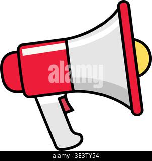 Red and white cartoon megaphone with yellow horn on a plain white background for announcements and communication Stock Vector