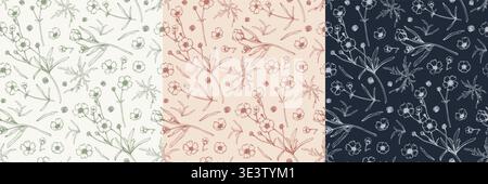 Set of seamless floral patterns with hand drawn ranunculus and buttercup flowers. Botanical line art vector illustration collection in pastel Stock Vector