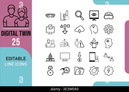 Collection of twenty-five editable digital twin line icons for design projects Stock Vector