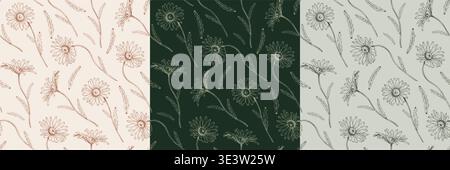 Collection of three seamless patterns with hand drawn daisy flowers and leaves. Botanical engraving style sketches in various color palettes cream Stock Vector