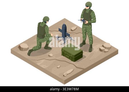 Isometric soldiers operating an interceptor drone on rough ground with an equipment case. Military field scene shows drone deployment, remote control Stock Vector