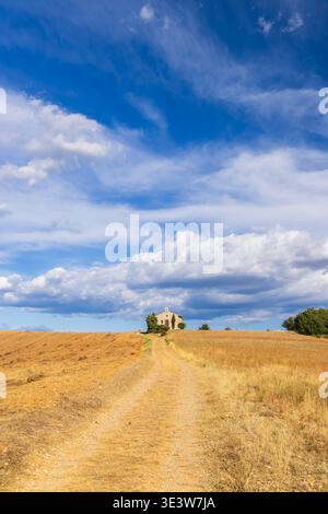 Dirt road traveling through golden fields towards a small chapel under a beautiful blue sky Stock Photo