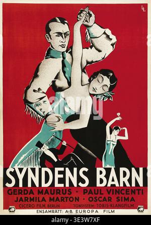 This striking vintage film poster for "Syndens Barn" (originally "Seitensprünge") from 1931, directed by Steve Sekely, features lead actors Gerda Maurus and Paul Vincenti in a dramatic, stylized embrace. The artwork, signed 'LL' (artwork by LL, as per filename hint), depicts a man and woman in a passionate pose, with smaller figures illustrating other scenes, all against a bold red background. Stock Photo