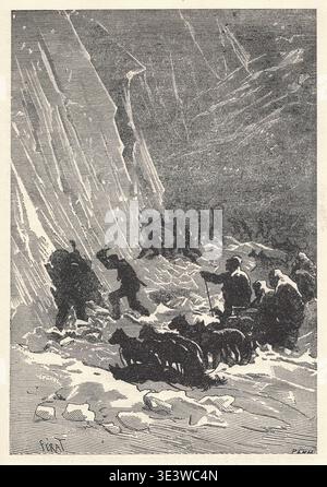 Vintage illustration of people and dogs struggling through a blizzard in a snowy landscape. A group of figures and sled dogs battle harsh winter conditions amidst heavy snowfall and treacherous terrain. Stock Photo