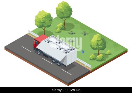 Isometric truck carrying multiple quadcopters inside an opened cargo compartment while drones fly nearby. Military field environment shows drone Stock Vector