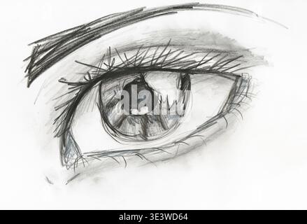 Children drawing black and white image of human eye, close-up, hand drawing with pencil Stock Photo
