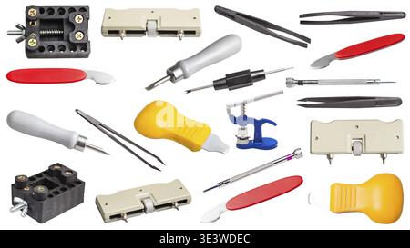Watchmaker workshop collection of various tools for repairing watches individually on a white background Stock Photo