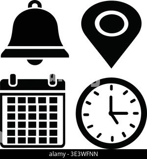 Icons for notification, location, calendar, and clock Stock Vector