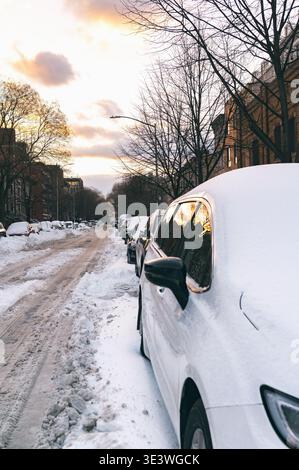 A snowy urban street showing the aftermath of a winter storm. Cars are blanketed with snow while the street reflects winter's harsh beauty and the nee Stock Photo