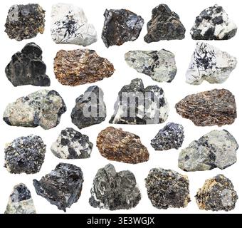 Set of various natural minerals titanium ore (knopite, perovskite, titanite, sphene, ilmenorutile, rutile) against a white background Stock Photo