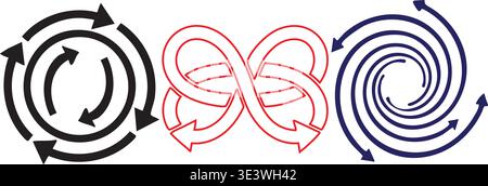 Three swirling patterns in black red and blue Stock Vector