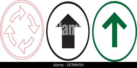 Three circular icons with arrows pointing upwards in different colors and outlines Stock Vector