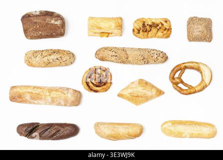 Horizontal set of various fresh rolls and breads on white background Stock Photo