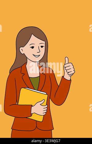 Illustrated businesswoman in a red suit gives a thumbs up, smiling confidently and holding a yellow folder. Represents success and confidence in the w Stock Photo