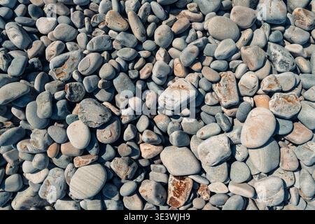Close-up image of a collection of smooth, rounded gray stones, varying in size and texture, covering a beach surface. The natural arrangement creates Stock Photo