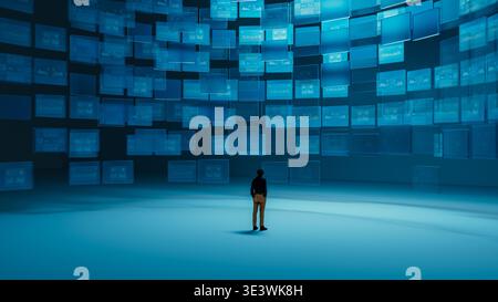 A man stands in silhouette, looking at many digital screens that display various graphics and data. The setting is dark and focused on the screens. Stock Photo