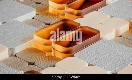 This scene features an abstract background with geometric shapes in gold. The design includes cubes and various textures creating depth. Stock Photo