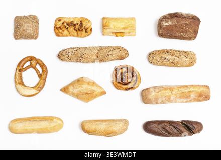 Set of various freshly baked rolls and breads on a white background Stock Photo