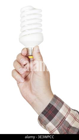 Male hand holding compact fluorescent lamp against white background Stock Photo