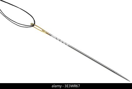 Sewing needle with black thread threaded through the golden eye of a needle against a white background Stock Photo