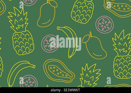 seamless summer pattern with juicy pineapple, papaya, banana, passion fruit and mango fruits - vector illustration Stock Vector