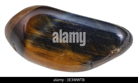 Macro shot of natural mineral stone polished tiger and hawk eye gemstone against white background Stock Photo