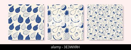 Three seamless patterns feature stylized blue fruits on cream backgrounds. Each panel displays unique fruit designs like figs, pineapples, and bananas Stock Vector