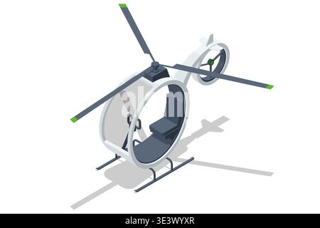 Isometric mini helicopter isolated on background. Compact rotor aircraft with cockpit and landing skids represents private aviation, light transport Stock Vector