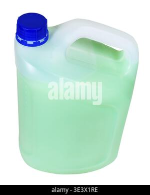 Top view of plastic canister with green liquid, against white background Stock Photo