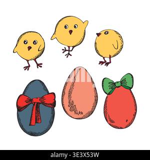 Easter chics and eggs. Holiday symbols. Easter hand drawn vector illustration, template design Stock Vector