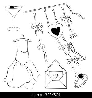 Hand-drawn wedding decor elements such as brides dress, wedding ring, cocktail and just married car sign Stock Vector