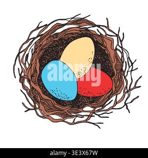 Bird nest with eggs. Easter hand drawn vector illustration, template design Stock Vector