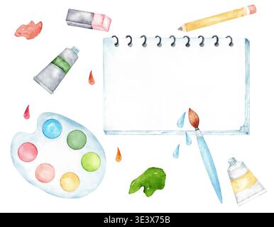 Watercolor paint set with brushes and tube, palette and color swatches for art background poster and craft design. Kids Art Supplies. Hand drawn. Isol Stock Photo