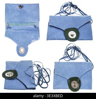 Set of blue stingray leather handbag against white background Stock Photo