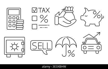 Icon set. Tax obligations and entitled deductions. Financial responsibility and planning. Linear vector style for app, web, class. Stock Vector