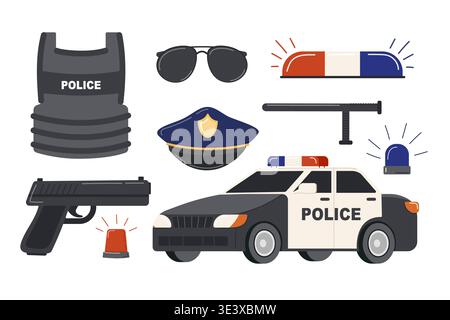 On Duty. Officer's Car and Standard Equipment Kit. Body armor, pistol and baton, cap and glasses. Flat vector illustration. Stock Vector