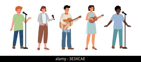 Music band. Young musicians on stage. Guitarists, singers. Young men, women in casual clothes play guitars and sing. Stock Vector