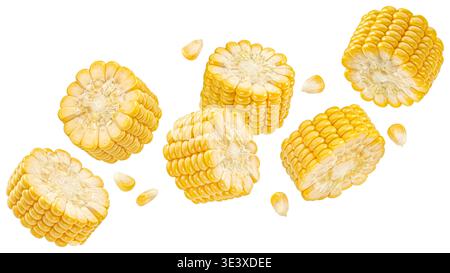 Falling corn cob slices isolated on white background Stock Photo