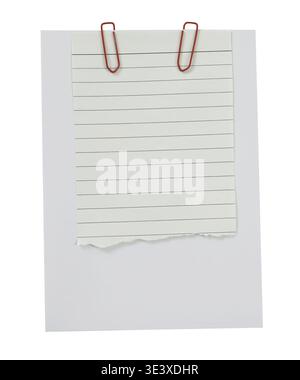 Ripped Lined Paper Note, Torn Edge Clipped by Red Paper Clips on White Greeting card isolated on Transparent Background. Minimal Stationery Mockup Stock Photo