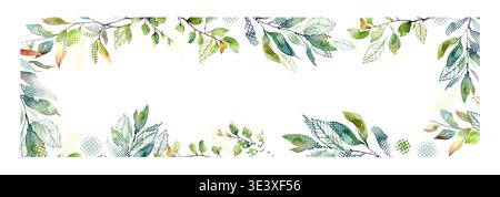 A horizontal frame with green watercolor branches. Spring Hand drawn. Not AI, vector illustration. Stock Vector