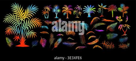 Palm tree colored objects and palm leaves set . Hand drawn. Not AI, vector illustration. Stock Vector