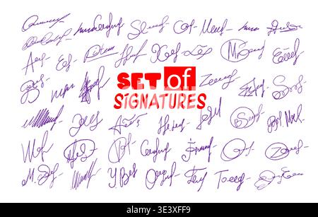 Signatures set. Fictitious handwritten signatures for signing documents on white background. Hand drawn. Not AI, vector illustration. Stock Vector