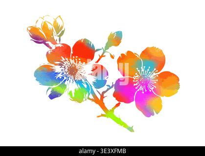 Cherry branches with flowers, colored sakura isolate on white background. Hand drawn. Not AI, vector illustration. Stock Vector