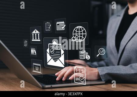 Digital invoice management and online billing workflow, Businesswoman using laptop with icon for invoicing, payment verification, E-Invoice accounting Stock Photo