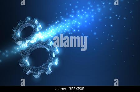 Gears. Abstract vector wireframe two gear 3d modern illustration on dark blue background. Stock Vector