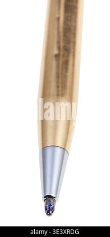 Close-up blue tip of a metallic ballpoint pen against a white background Stock Photo